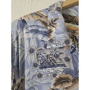 High Surf Blue Hawaiian Palm Fronds Floral Rayon Button Up Mens Shirt Sz L
